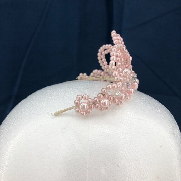 American VINTAGE 90's Handmade Mini Tiara Beaded with Pearl Pink Crystal Beads - Picture 3 of 4